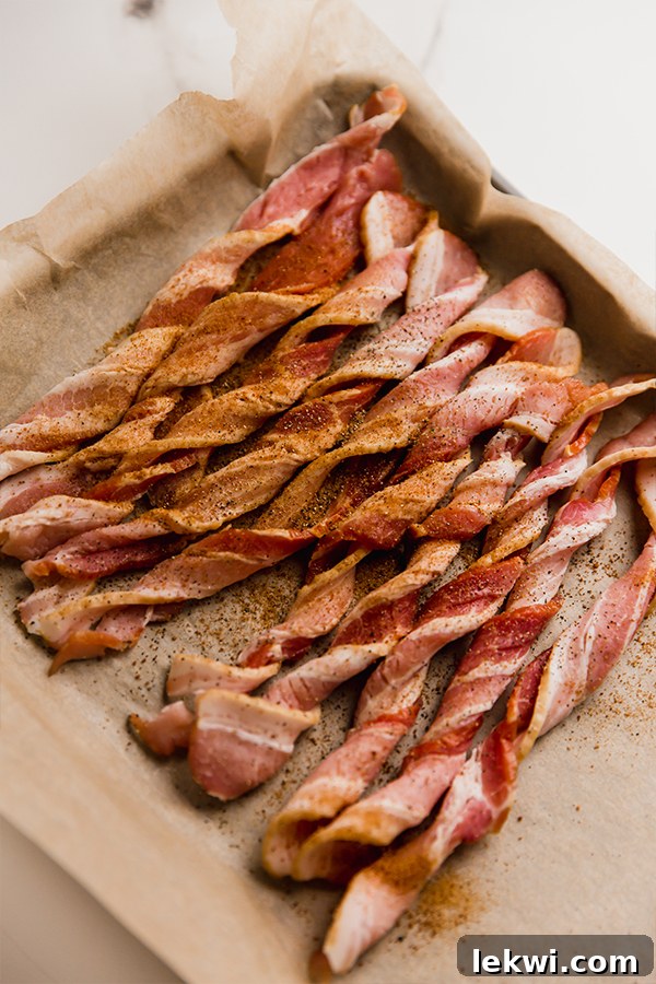 Oven bacon twists on a sheetpan before baking.