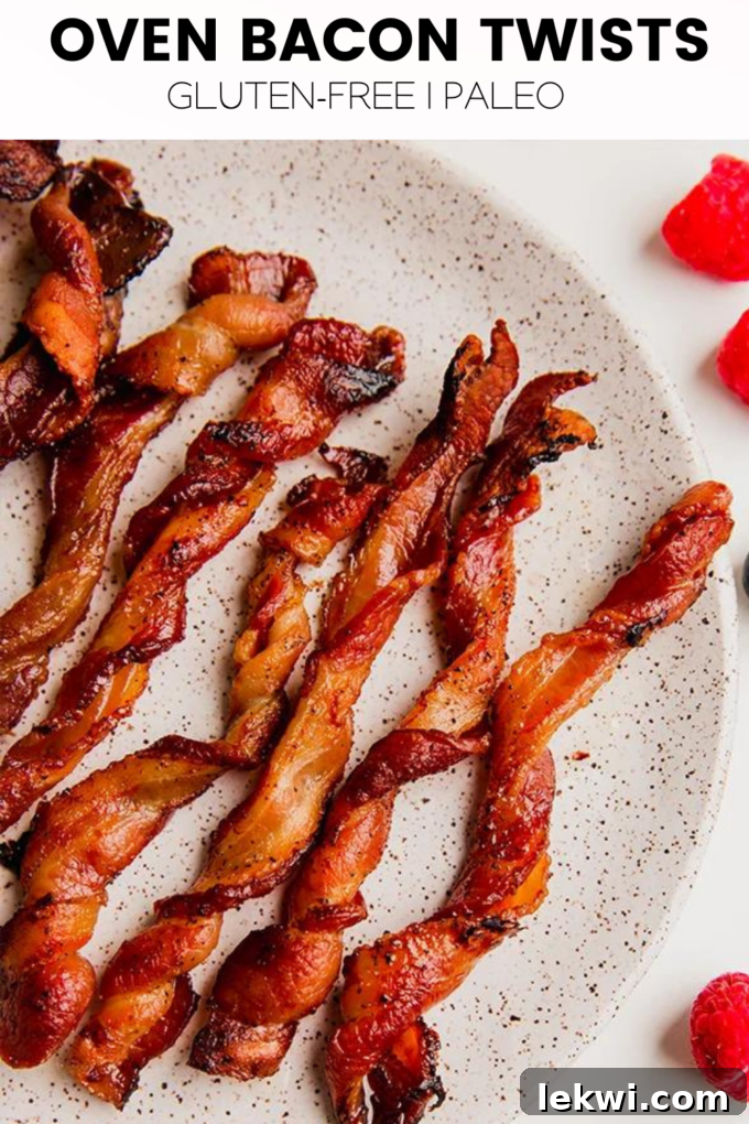 Bacon with text \"Oven Bacon Twists Gluten-Free | Paleo.\"