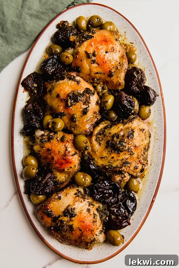 Platter of chicken marbella, garnished with fresh herbs, showcasing the rich, caramelized skin and savory sauce.