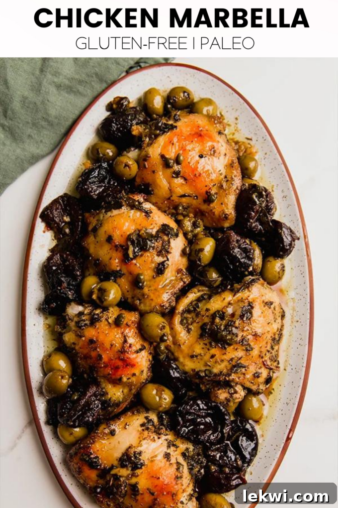 Platter with text "Chicken Marbella Gluten-Free | Paleo."