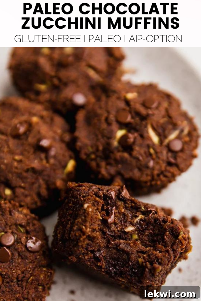 Muffins with text "Paleo Chocolate Zucchini Muffins Gluten-Free | Paleo | AIP-Option." promoting the healthy aspects of the recipe.