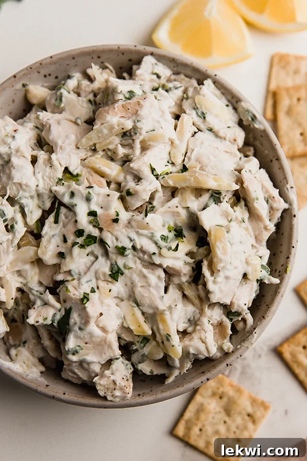 A beautifully presented bowl of tarragon chicken salad, garnished and ready to enjoy. It promises a fresh, flavorful, dairy-free, and paleo-friendly lunch experience.