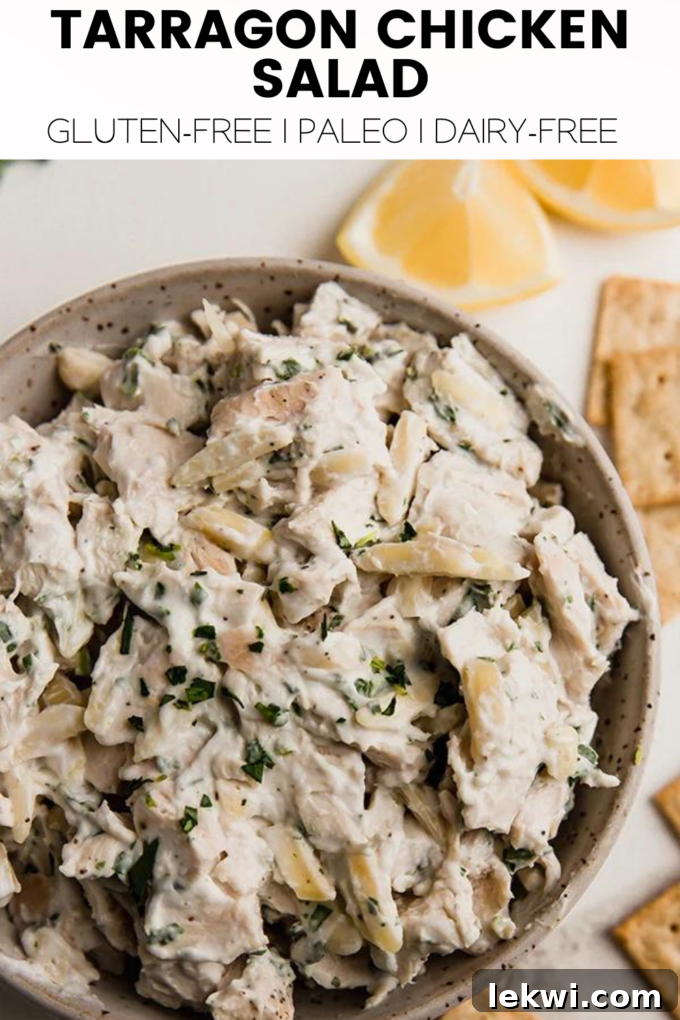 Visually appealing image of Tarragon Chicken Salad with text overlay "Gluten-Free | Paleo | Dairy-Free." Perfect for sharing on social media.