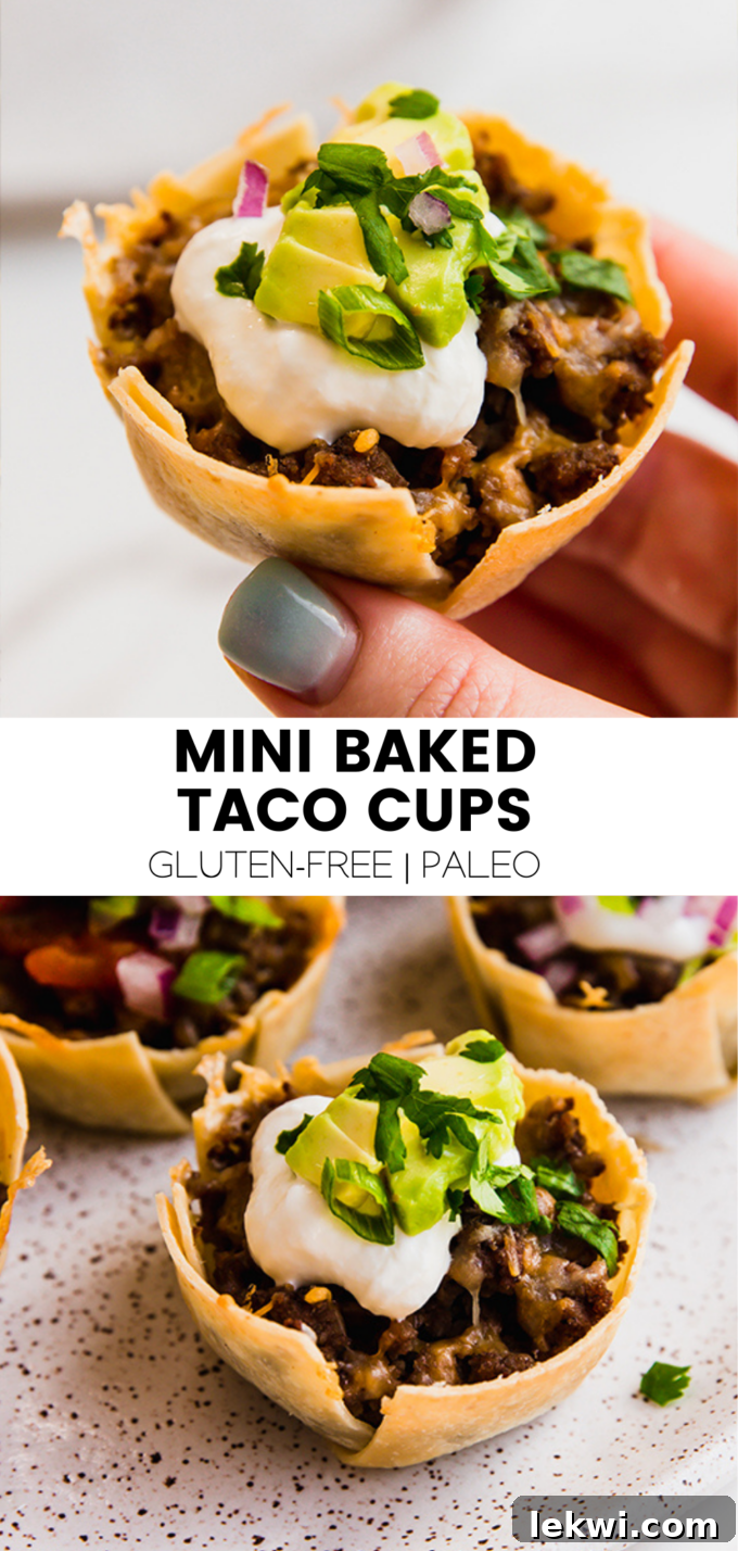 Collage with text "Mini Baked Taco Cups Gluten-Free | Paleo." showcasing the final dish.