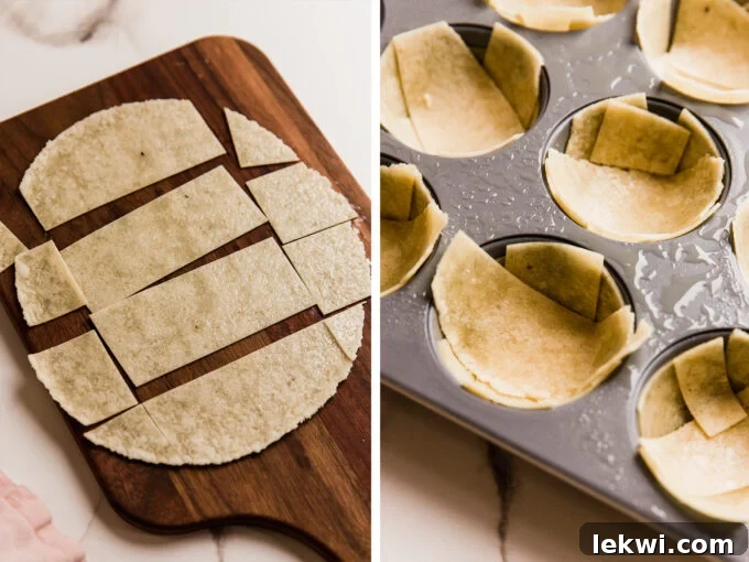 Close-up shot of tortillas being cut into strips, ready to be formed into mini taco cups.
