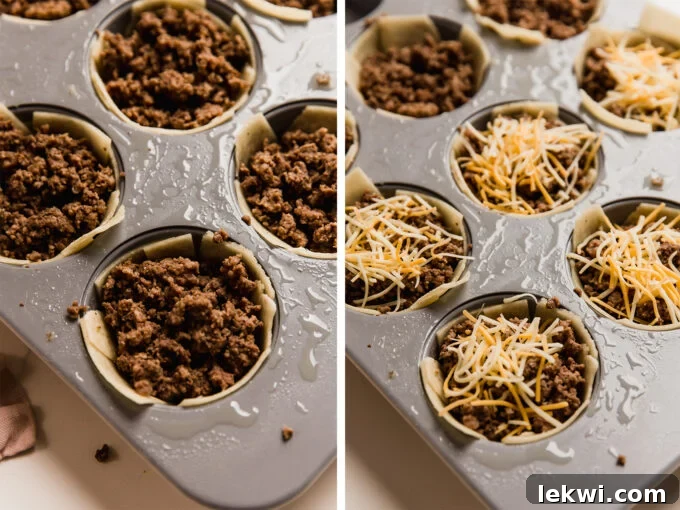 Hands carefully stuffing mini taco cups with seasoned ground beef and a sprinkle of cheese.