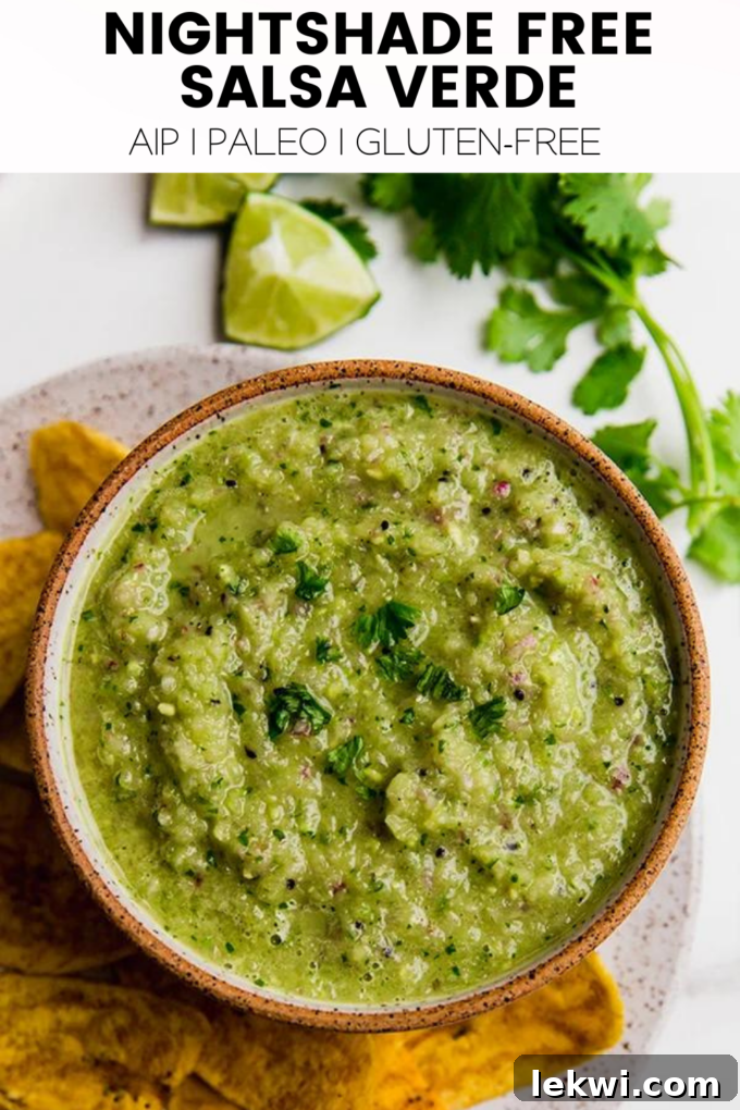 Promotional graphic for Nightshade-Free Salsa Verde, stating "AIP | Paleo | Gluten-Free."