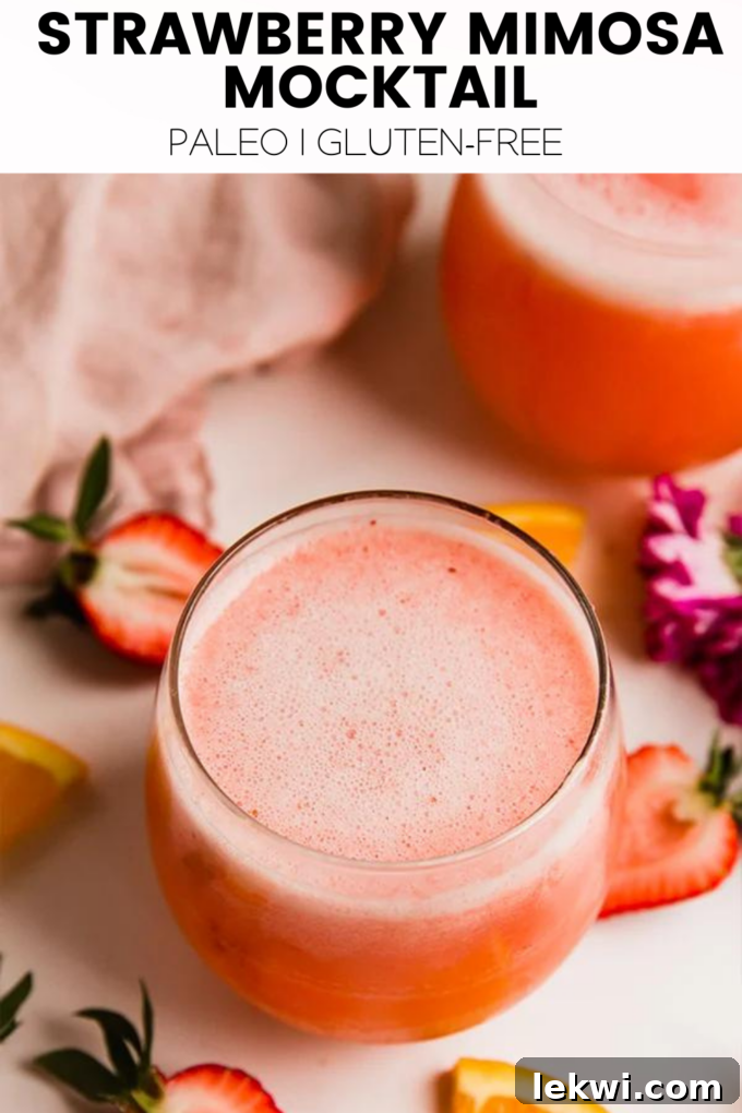 Drink with text "Strawberry Mimosa Mocktail Paleo | Gluten-Free." highlighting its health benefits.