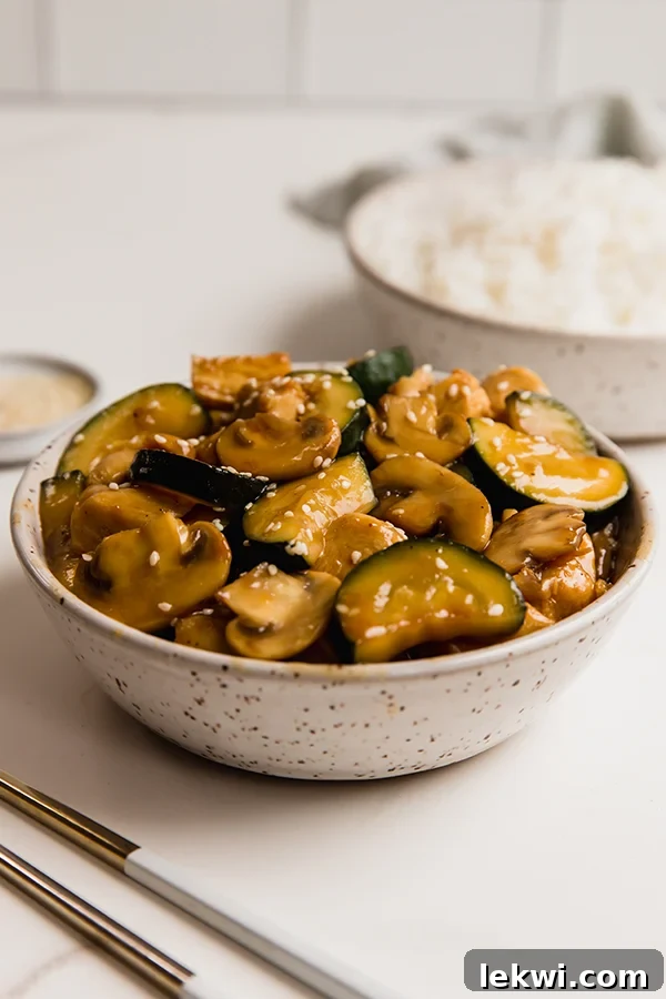 Mushroom chicken in a bowl, ready to be served.