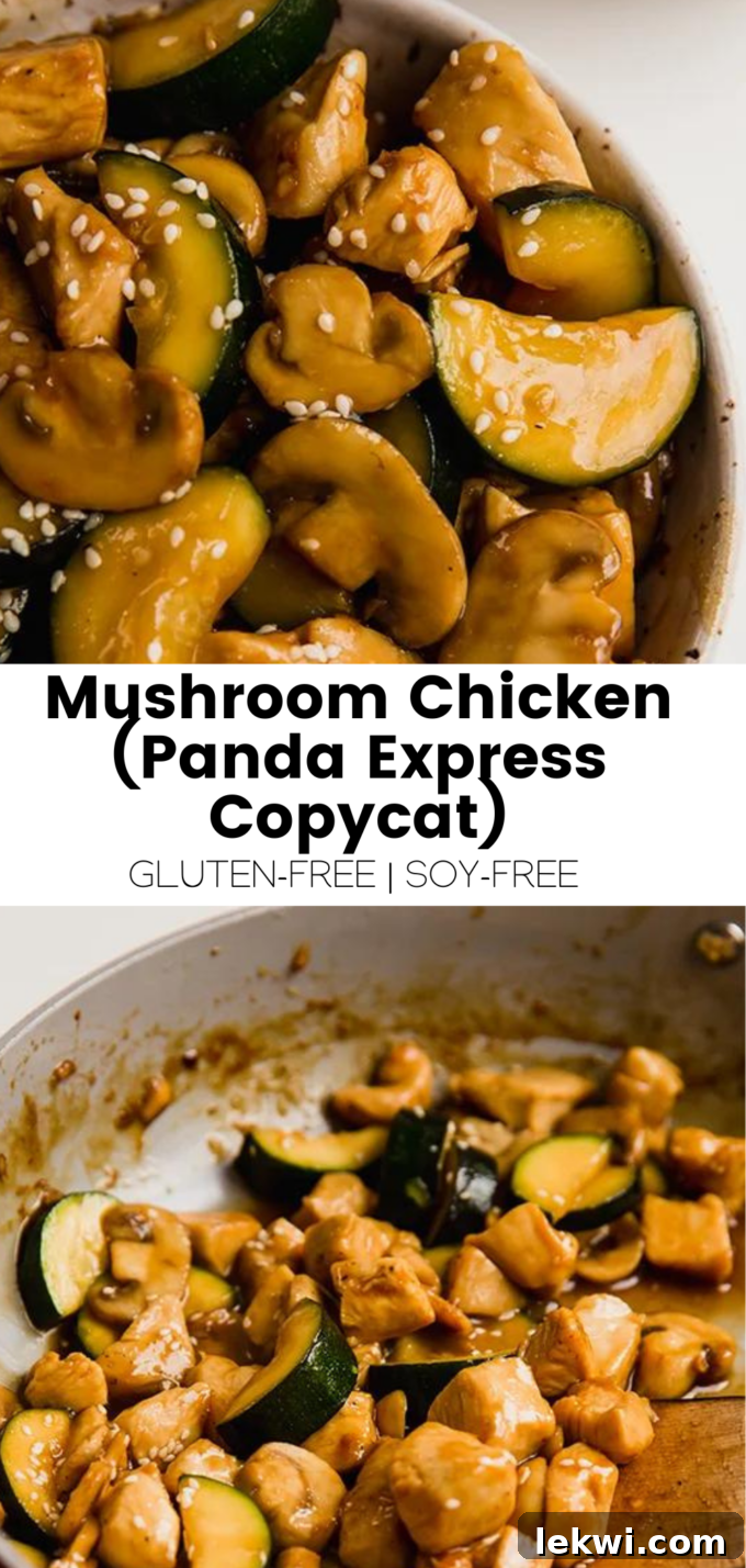 Collage featuring text "Mushroom Chicken (Panda Express Copycat) Gluten-Free | Soy-Free" alongside a delicious image of the dish.