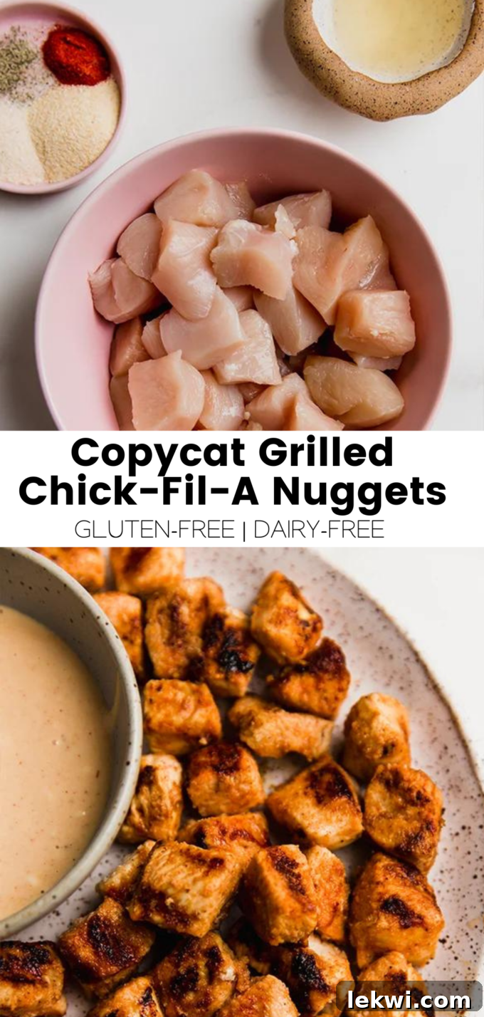 Collage with text "Copycat Grilled Chick-Fil-A Nuggets Gluten-Free | Dairy-Free." highlighting key features.