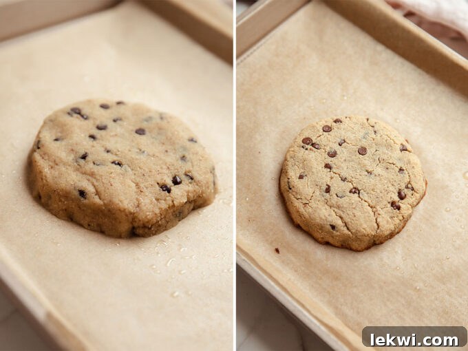 A side-by-side comparison showing the raw chocolate chip cookie dough formed on a baking sheet before baking and the beautifully baked golden-brown cookie after baking.