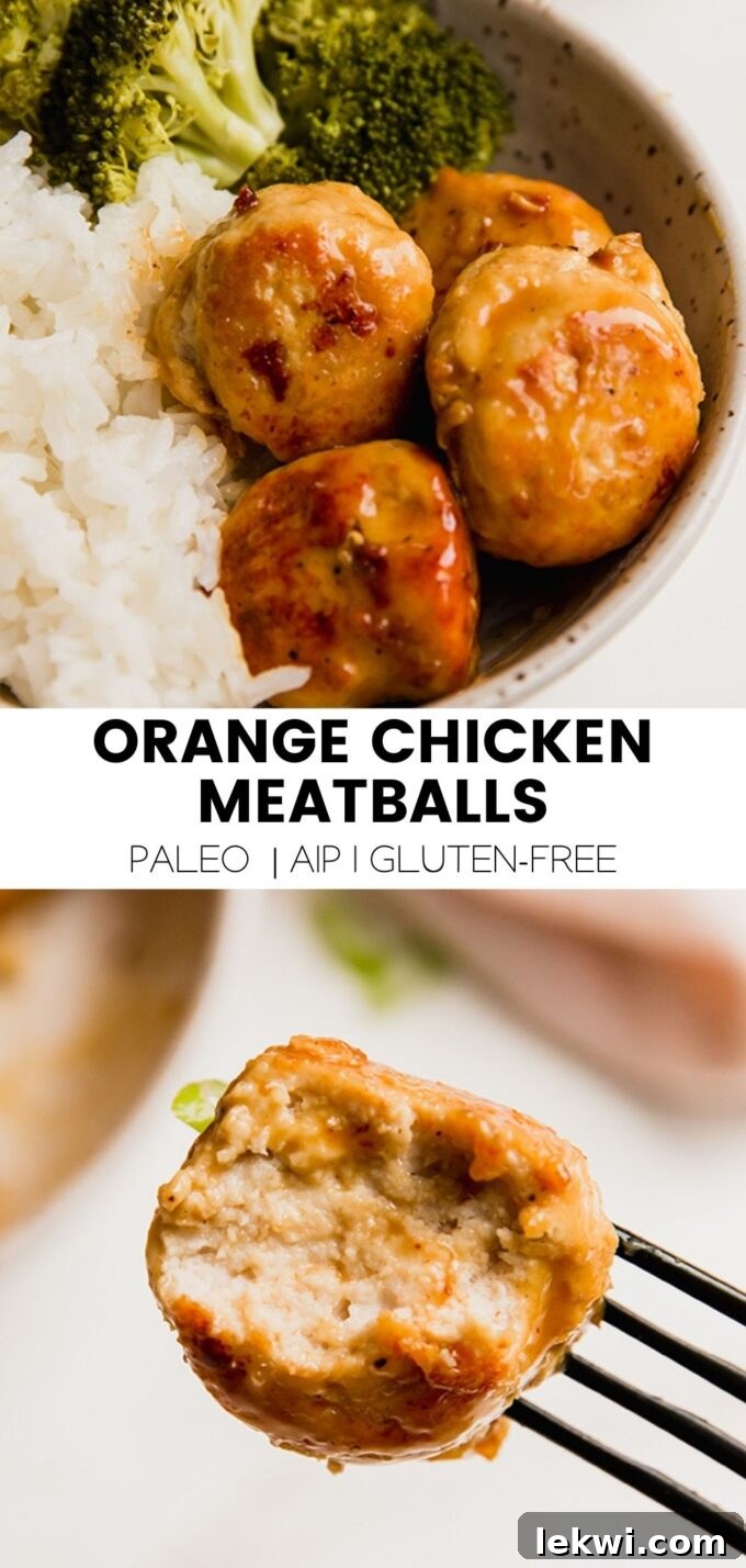 Pinterest graphic with text "Orange Chicken Meatballs Paleo | AIP | Gluten-Free" and an enticing image of the dish.