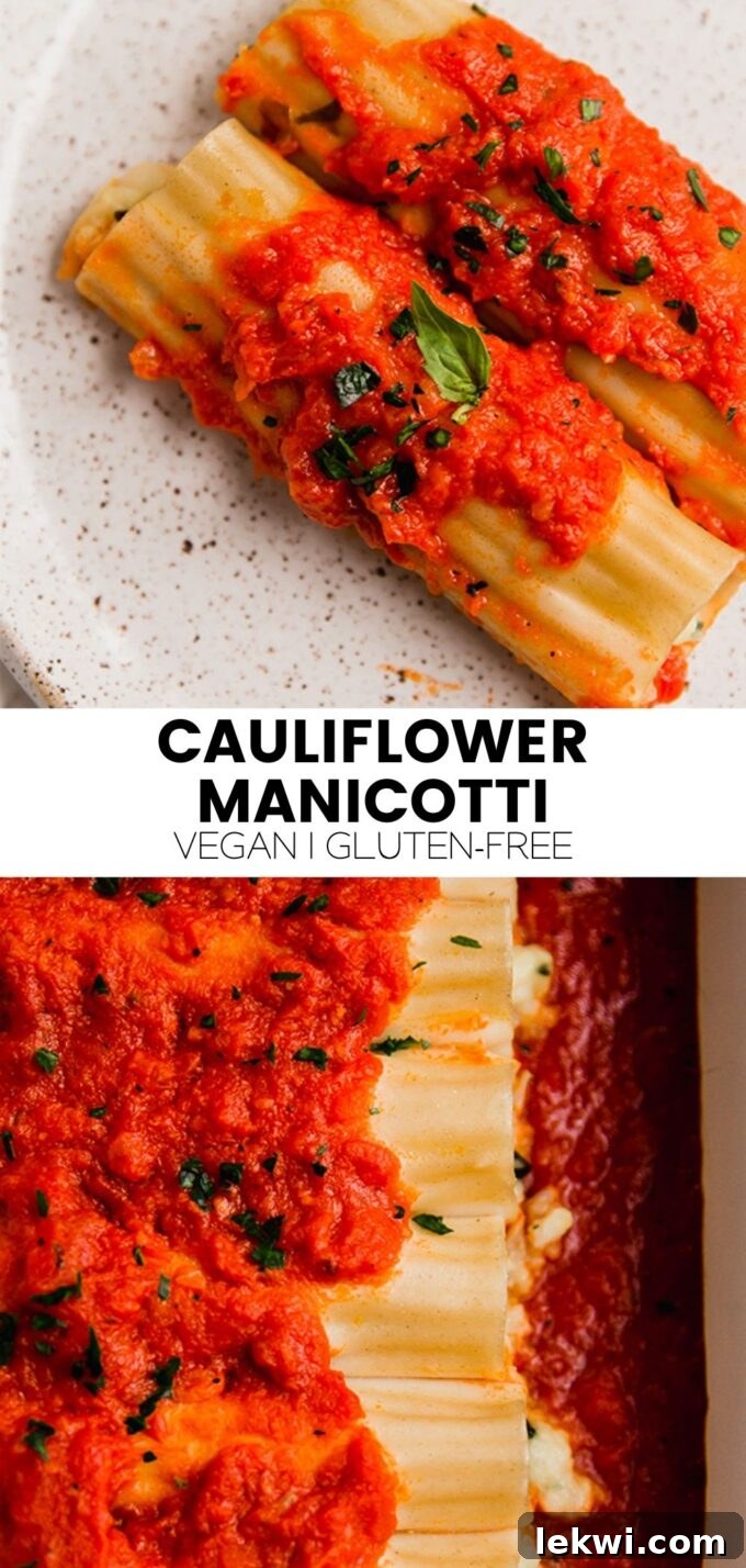A mouth-watering collage with text "Cauliflower Manicotti Vegan | Gluten-Free" highlighting the delicious and dietary-friendly aspects of the dish.