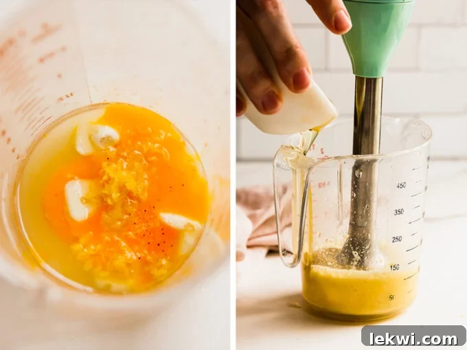 Ingredients for lemon aioli are shown in a measuring cup, followed by a picture of the fully blended aioli created with an immersion blender.
