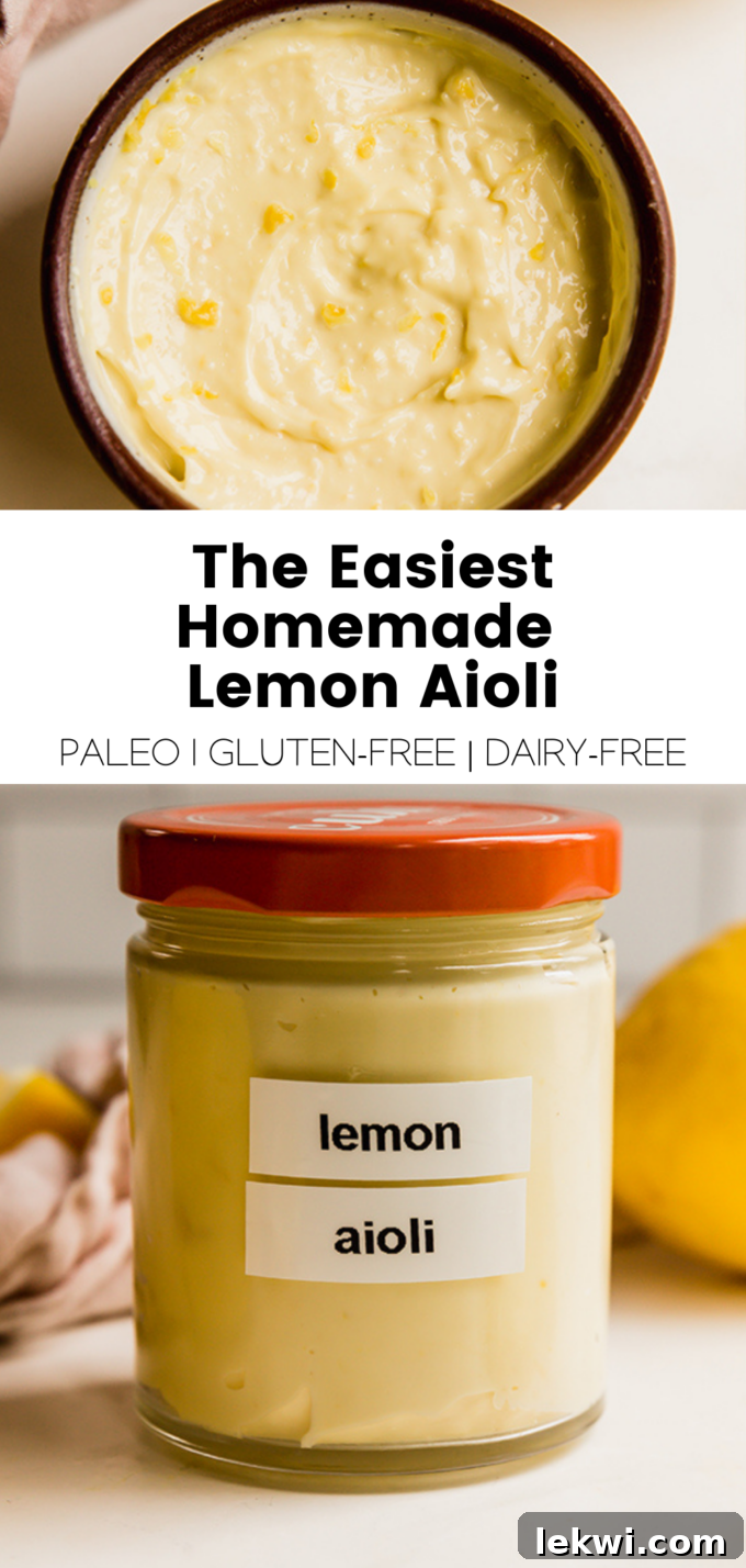 A collage illustrating "The Easiest Homemade Lemon Aioli" and highlighting it as Paleo, Gluten-Free, and Dairy-Free.