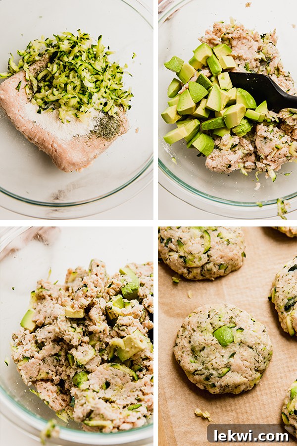 Making the avocado ranch chicken burgers, showing the mixture in a bowl.