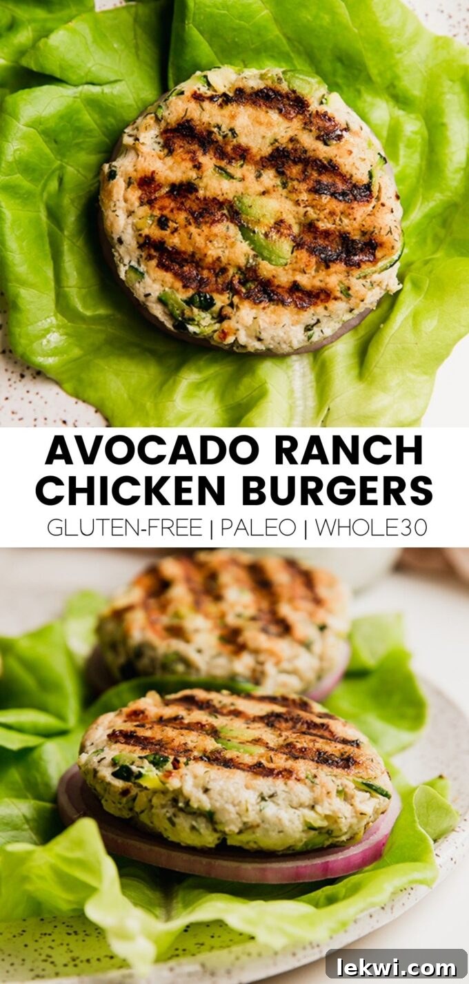 Collage with text "Avocado Ranch Chicken Burgers Gluten-Free | Paleo | Whole30."