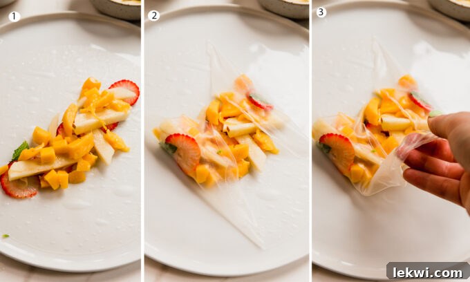 A step-by-step collage demonstrating how to roll fruit spring rolls, showing the placement of fruit and the folding technique.