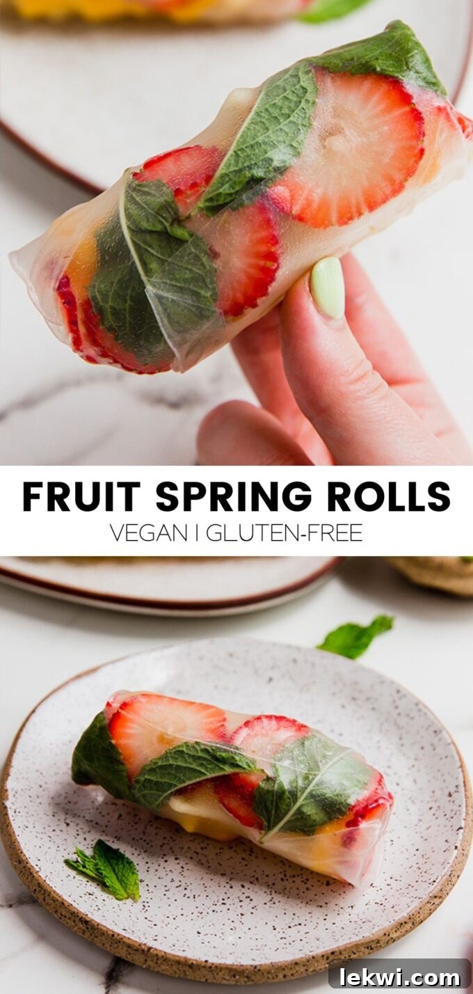 Collage with text "Fruit Spring Rolls Vegan | Gluten-Free" highlighting the healthy and refreshing aspects of the dish.