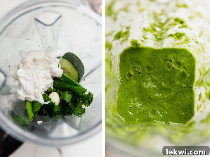 Ingredients for cucumber gazpacho being blended in a high-speed blender, showing a smooth green mixture.