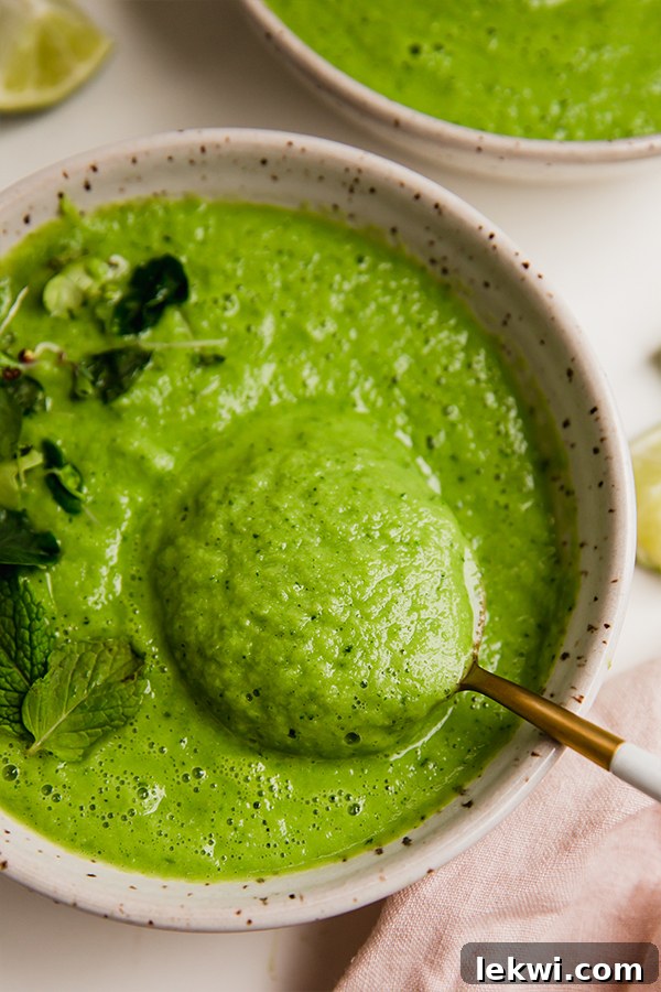 A vibrant bowl of green cucumber gazpacho with a spoon resting in it, ready for a taste.