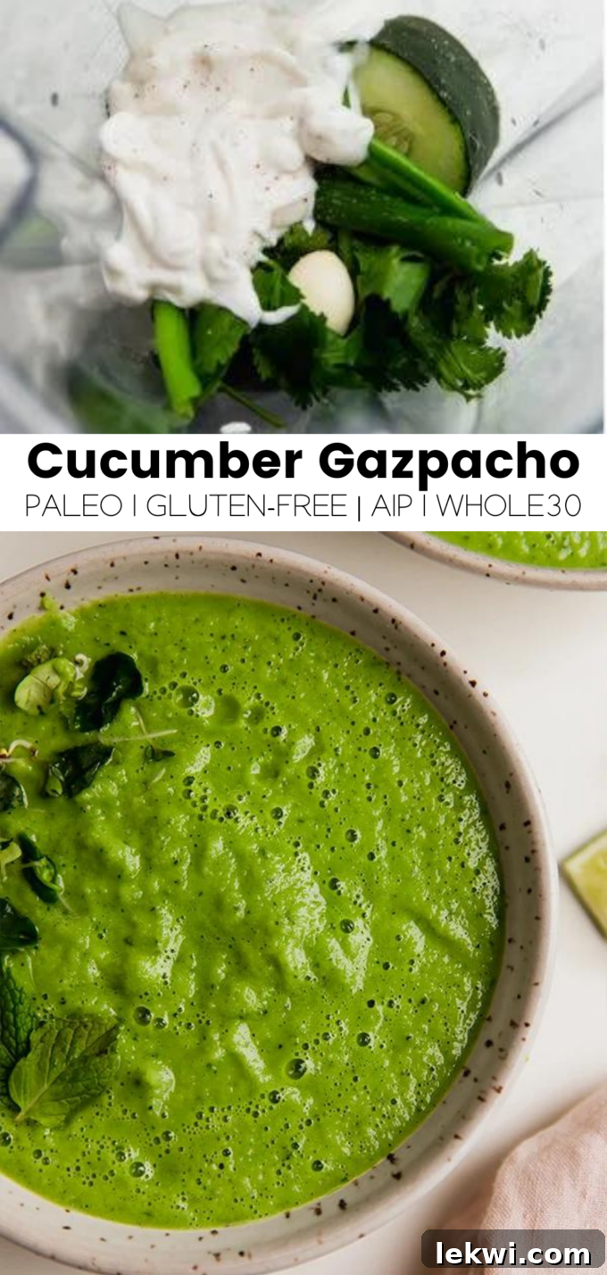 A collage image featuring text "Cucumber Gazpacho Paleo | Gluten-Free | AIP | Whole30." with a vibrant image of the soup.