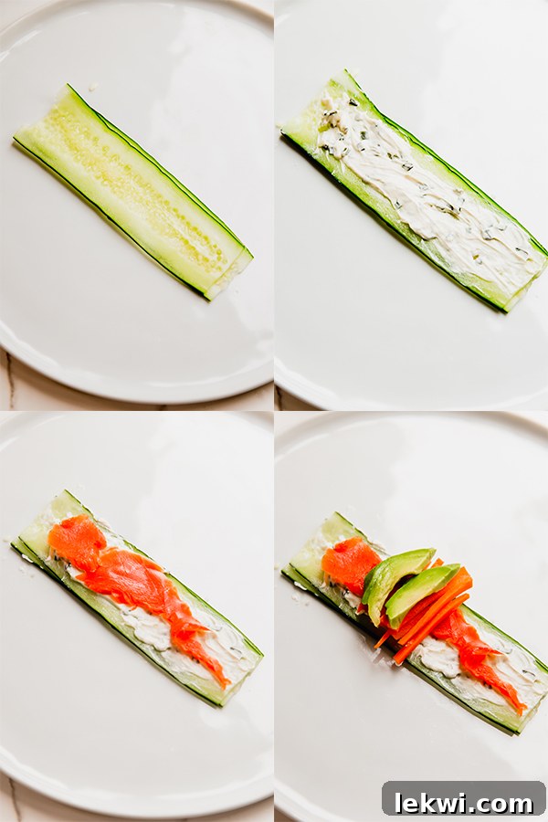 The steps of spreading the cucumber with toppings to create smoked salmon cucumber bagel rolls.