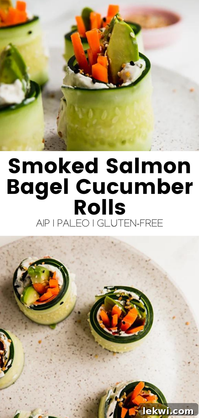 Collage with text "Smoked Salmon Bagel Cucumber Rolls AIP | Paleo | Gluten-Free." highlighting the dietary benefits of the recipe.