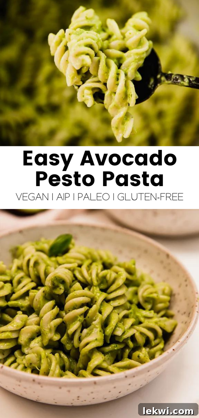 Collage with text \"Easy Avocado Pesto Pasta Vegan | AIP | Paleo | Gluten-Free.\"