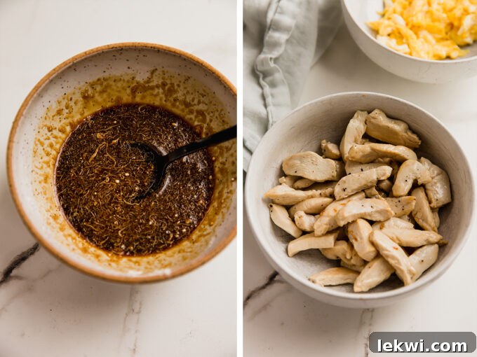 A close-up shot of the savory homemade sauce for Moo Shu chicken, showcasing its rich texture and color in a small bowl, ready to be added to the stir-fry.
