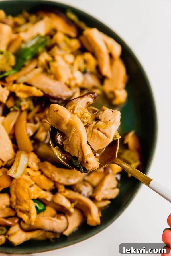 A close-up shot of a bowl of homemade Moo Shu chicken, with a spoonful being lifted, showcasing the rich combination of chicken, eggs, and vegetables coated in a delicious, glistening sauce.
