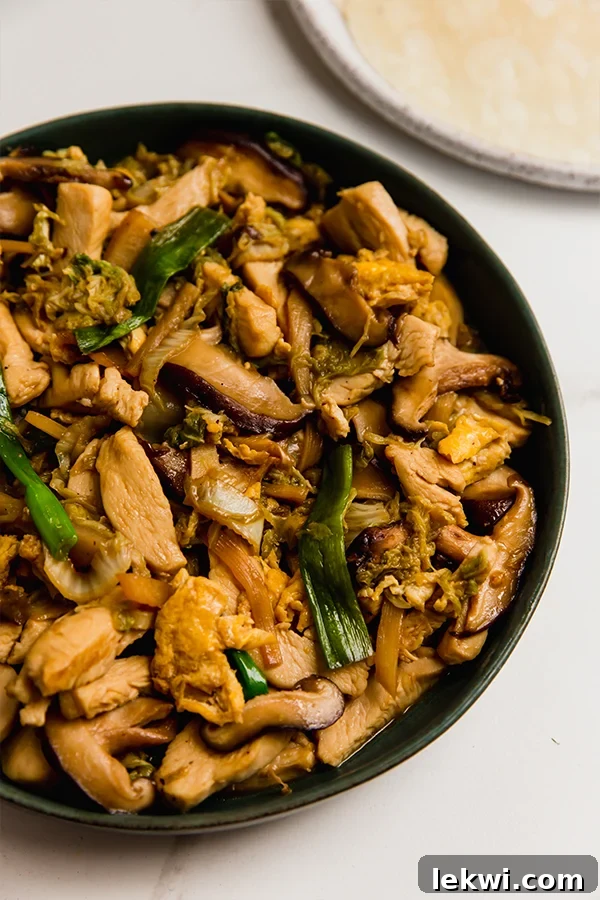Pan of Moo Shu chicken, prepared according to the recipe, showing the delicious mixture of chicken, vegetables, and sauce.