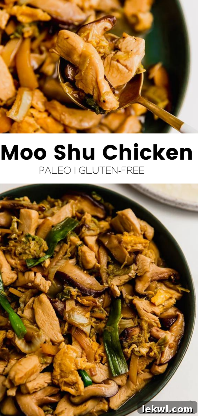 Collage with text "Moo Shu Chicken Paleo | Gluten-Free. A healthy and delicious one-pan meal packed with flavor that’s quick to make."
