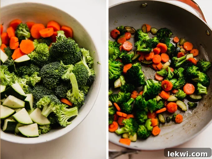 Freshly chopped carrots, zucchini, and broccoli are shown sautéing in a hot pan, ready to be incorporated into the stir fry.