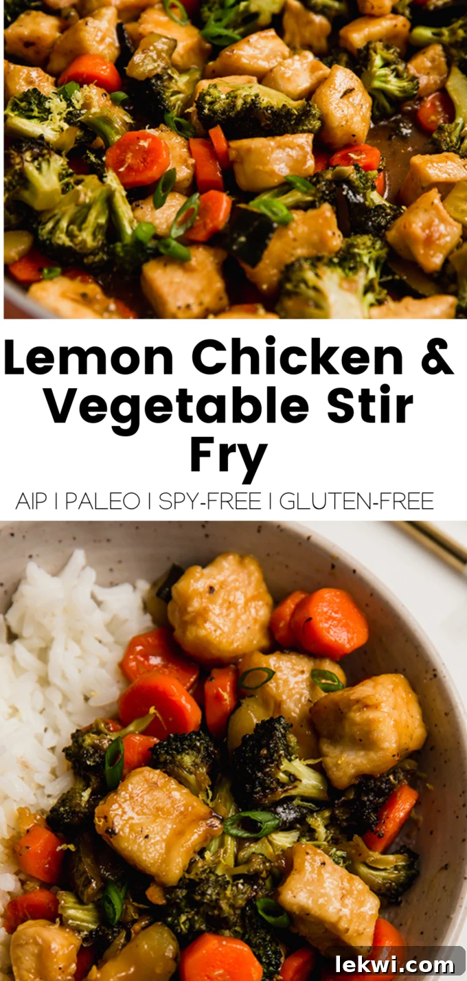 Collage with text "Lemon Chicken & Vegetables Stir Fry AIP | Paleo | Soy-Free | Gluten-Free." highlighting the dietary benefits of the dish.