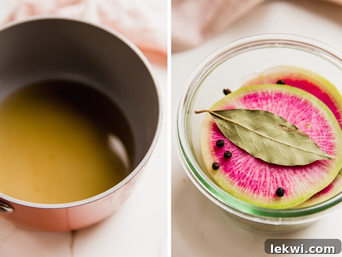side by side photos of watermelon radish in a jar and pickling liquid in a pot.