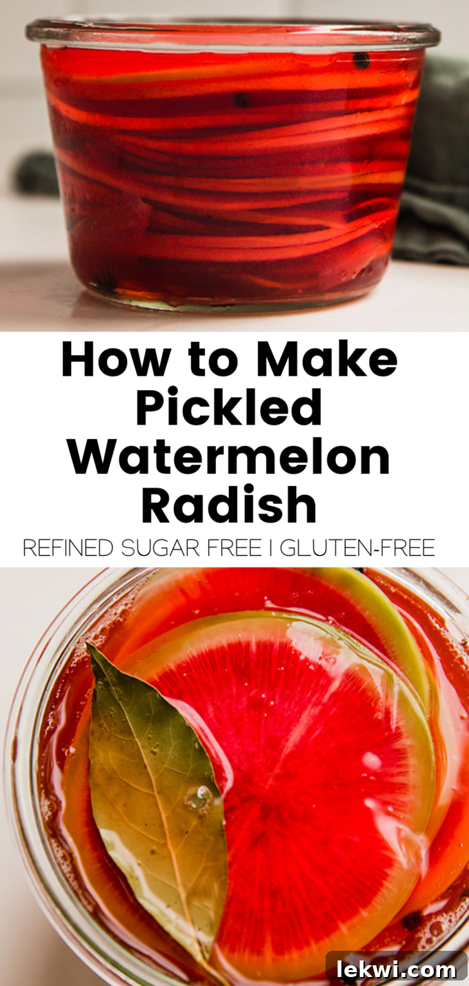 Collage with text "How to Make Pickled Watermelon Radish Refined Sugar Free | Gluten-Free."