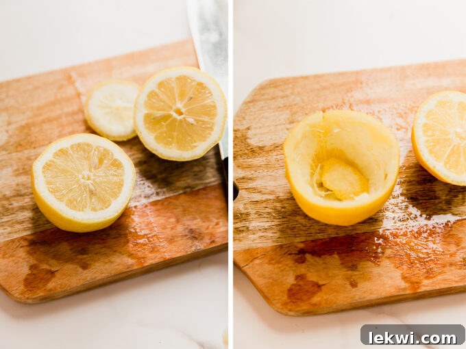 A visual guide showing whole lemons before and after the centers have been carefully scooped out, demonstrating the preparation of lemon shells.