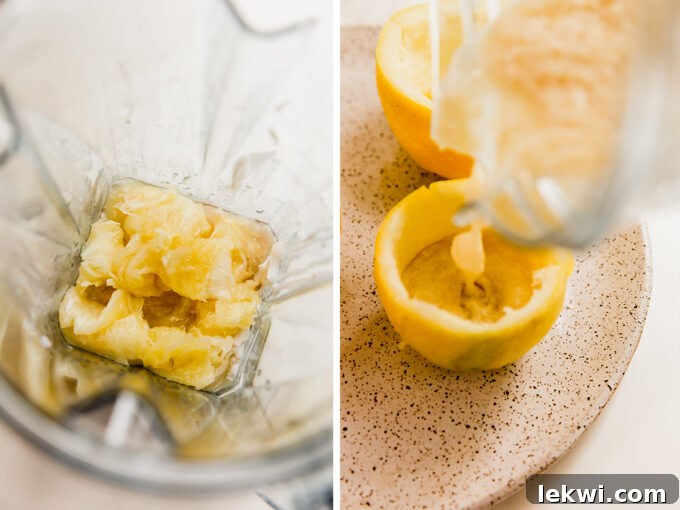 Two images side-by-side: one showing the lemon sorbet mixture being blended smoothly, and the other depicting the mixture being poured carefully into a hollowed lemon rind.