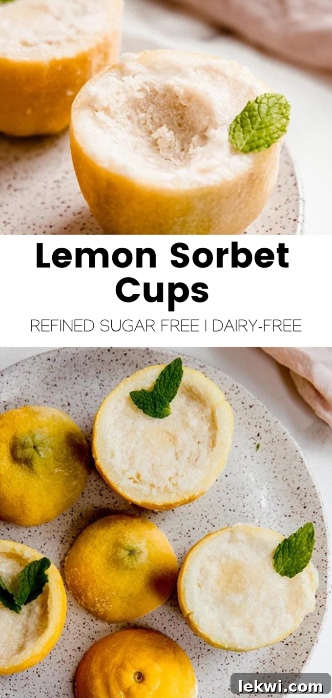 A vibrant collage with text overlay: "Lemon Sorbet Cups Refined Sugar-Free | Dairy-Free." The image features close-ups of the refreshing lemon sorbet in its natural rinds.