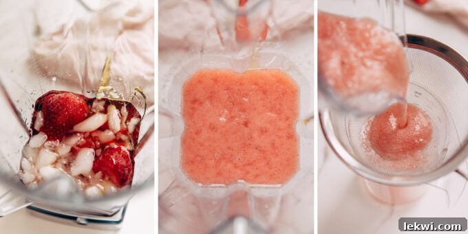 A visual sequence of making Frosé: a blender filled with rosé, strawberries, and honey; the blender in action, creating a pink slush; and the finished Frosé being poured into a glass.
