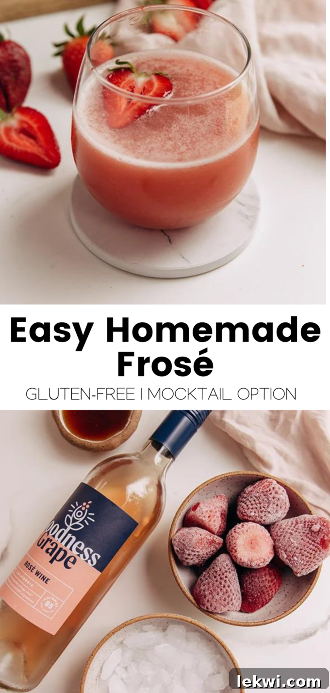 Collage with text "Easy Homemade Frose Gluten-Free | Mocktail Option." featuring a glass of Frosé and a strawberry.