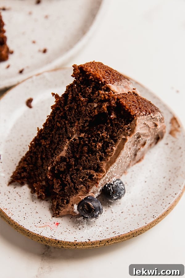 A perfectly sliced piece of paleo chocolate cake, showcasing its moist texture and rich chocolate layers, sitting on its side ready to be enjoyed.