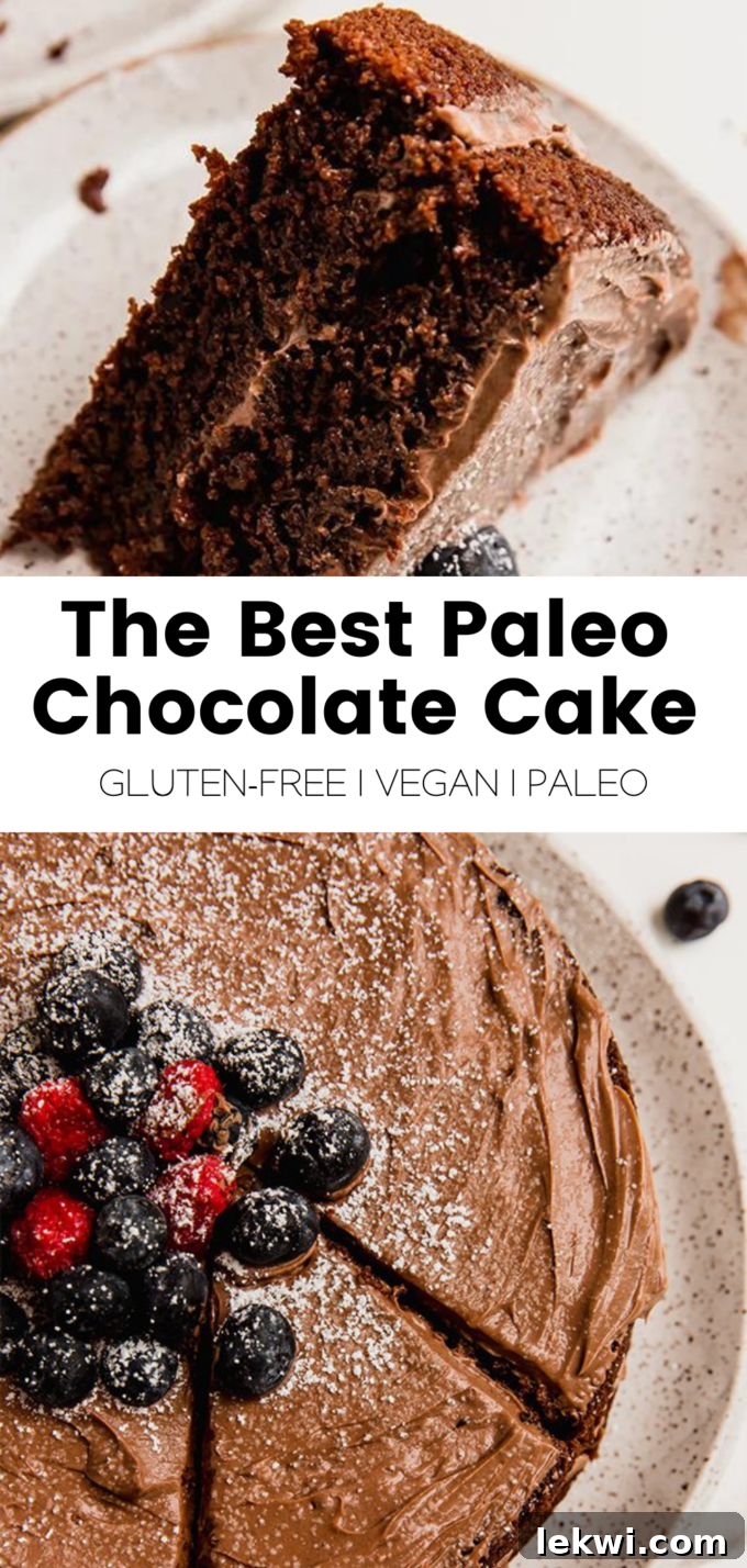 A visually appealing collage with the text "The Best Paleo Chocolate Cake Gluten-Free | Vegan | Paleo," highlighting the key dietary benefits of this delicious dessert.