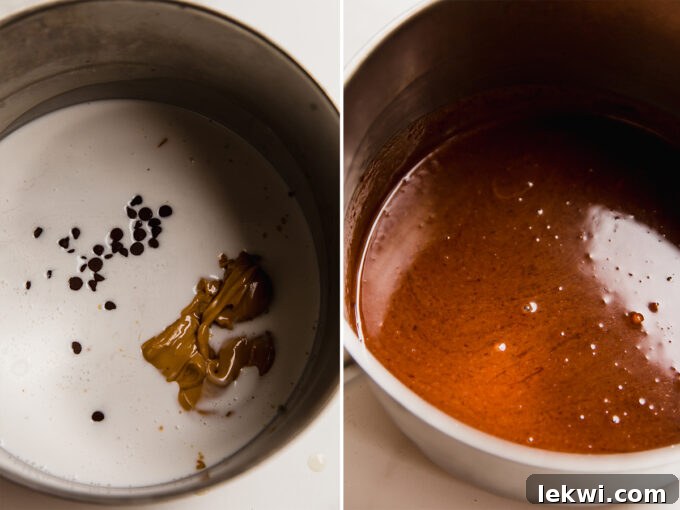 A visual guide showing dairy-free chocolate chips, coconut cream, and almond butter melting together in a saucepan, forming a rich, smooth chocolate base for the cake batter.