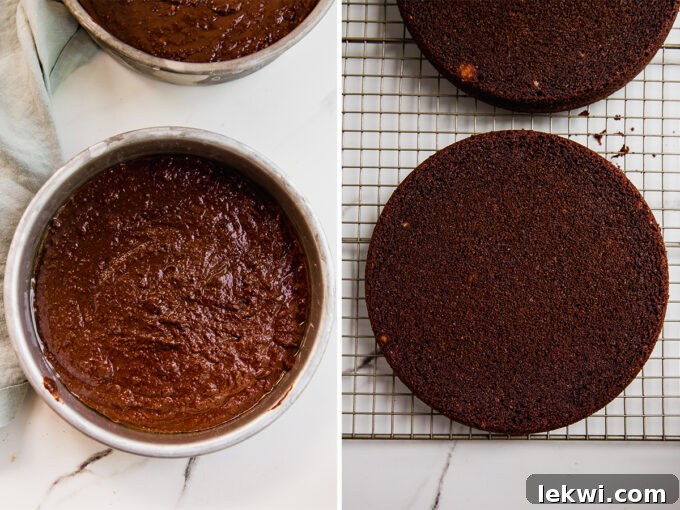 A visual progression of chocolate cake batter in a pan before baking, contrasted with the same pan after the cake has baked to a firm, golden-brown perfection.