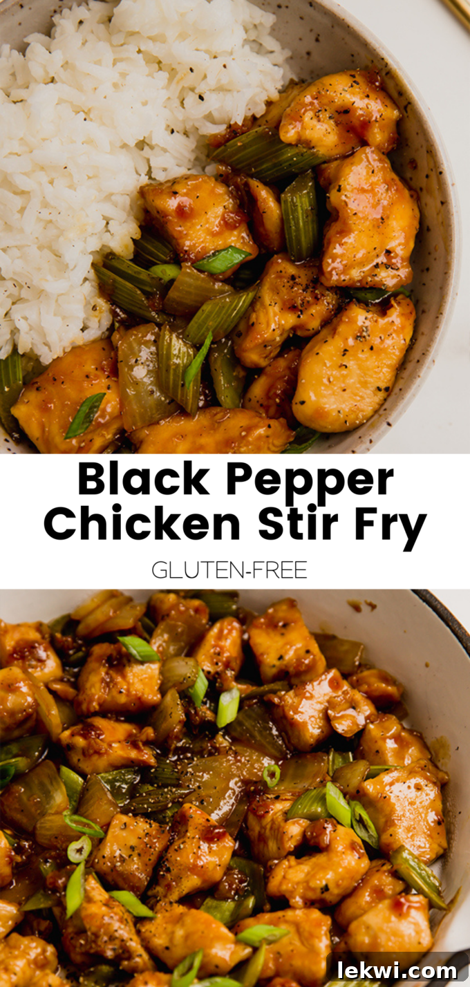 A mouth-watering collage with text "Black Pepper Chicken Stir Fry Gluten-Free." featuring succulent pieces of chicken and vibrant vegetables coated in a rich, dark sauce, emphasizing its healthy and accessible nature.