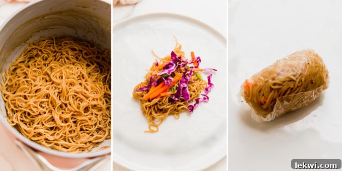 A sequence of three images showing the steps of assembling crispy ramen rice paper rolls: dipping rice paper, filling with ramen and vegetables, and rolling it tightly.