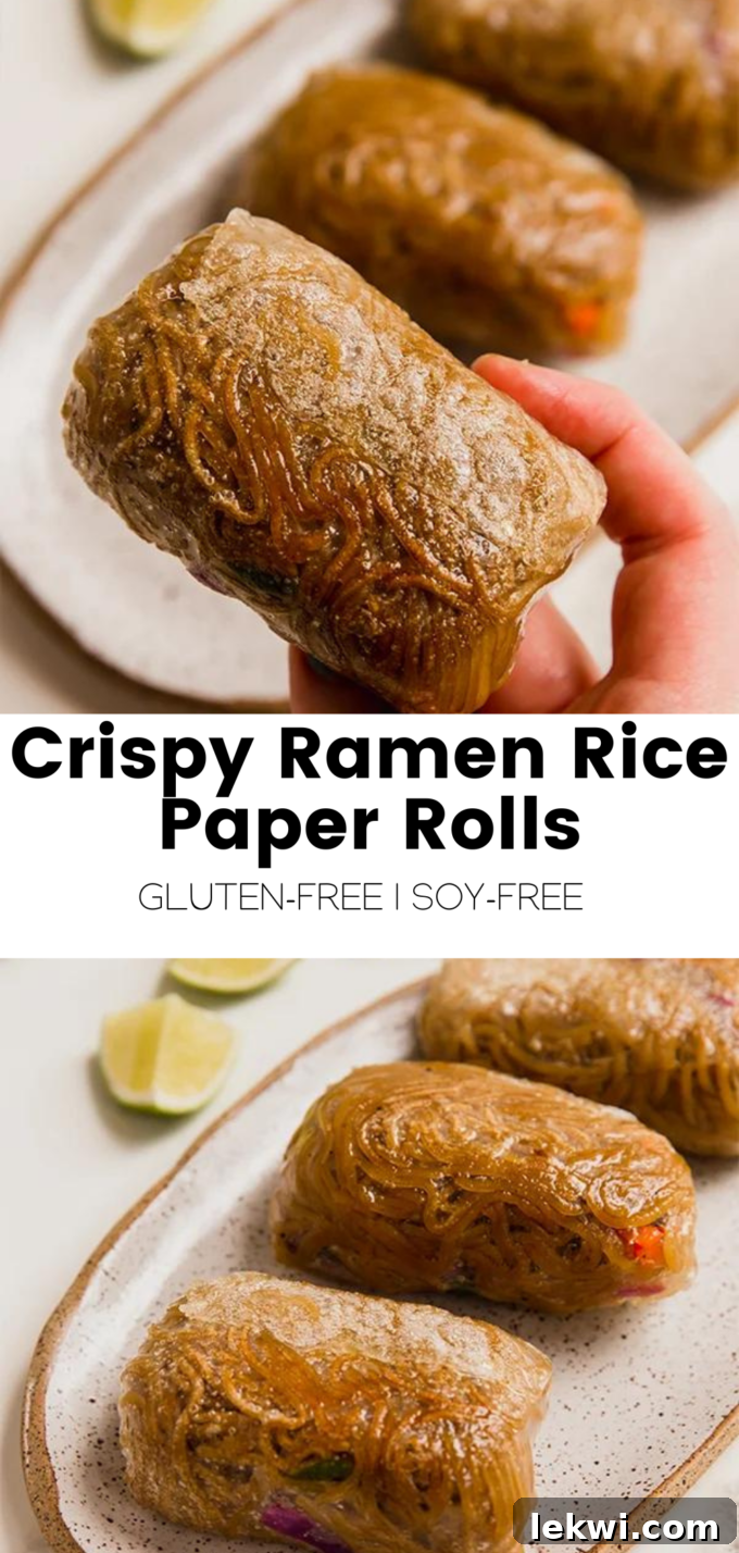 Collage with text "Crispy Ramen Rice Paper Rolls Gluten-Free | Soy-Free." featuring a vibrant image of the rolls.